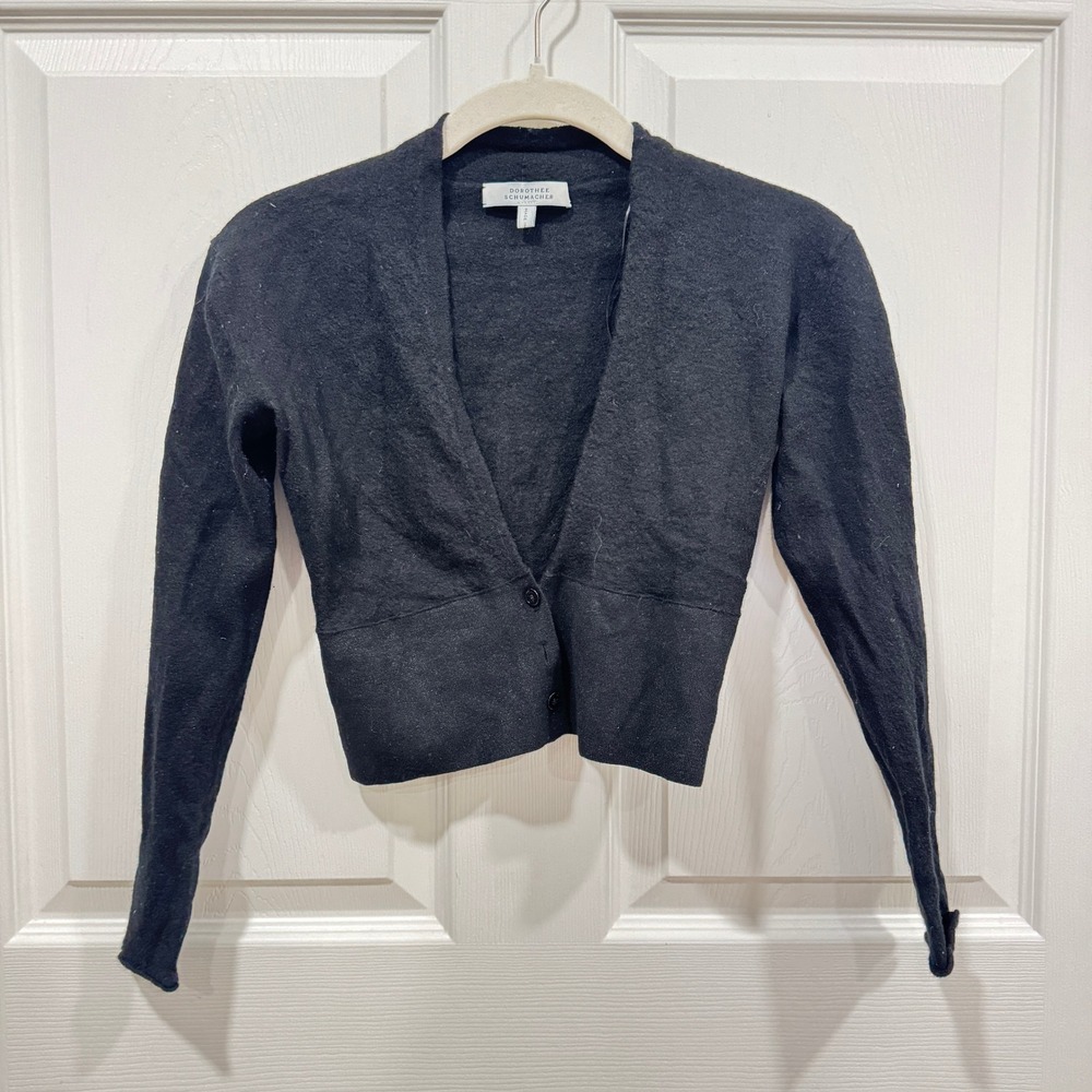 Dorothee Schumacher Wool Cardigan Button Front Long Sleeve Cropped Gray Knit 2